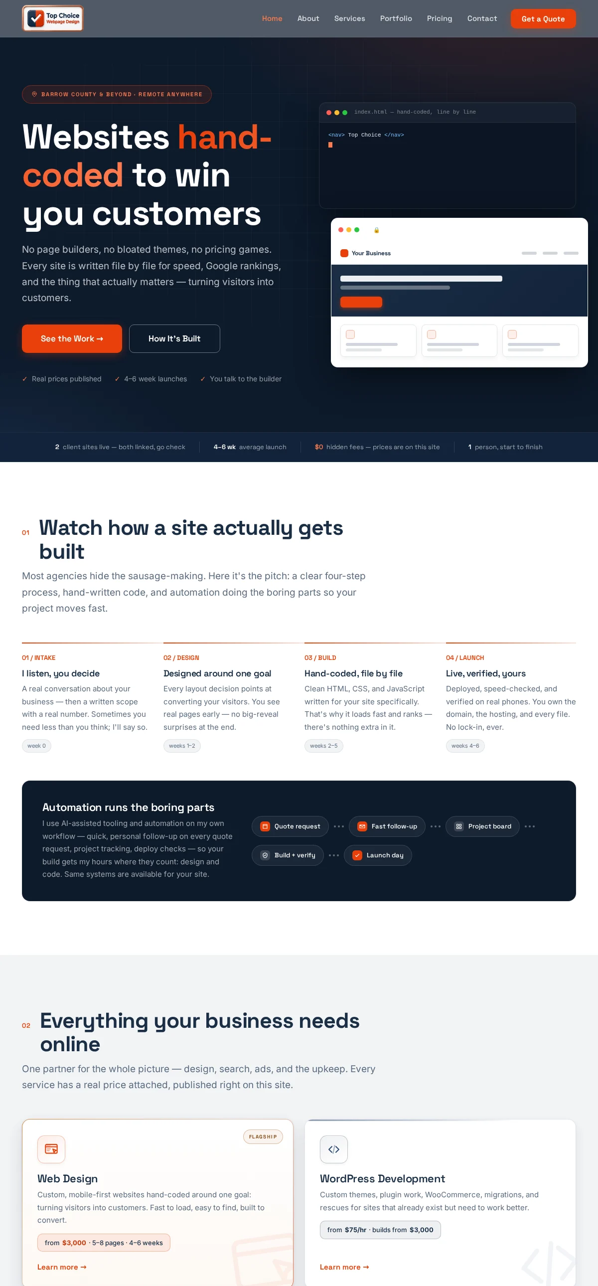 Full homepage of tcwebpagedesign.com — Top Choice Webpage Design, a hand-coded web design studio in Barrow County GA